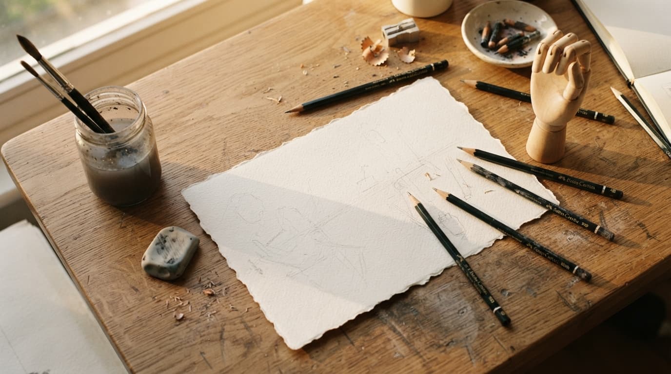 An artist's desk from above: watercolour paper, graphite pencils, a wooden hand mannequin, warm raking window light