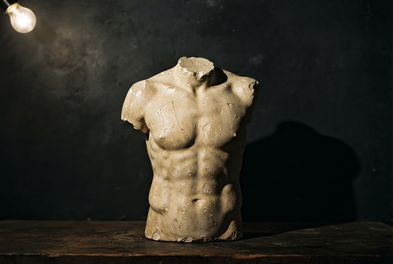 A chipped plaster torso cast on a charcoal backdrop under a single hard tungsten light, sharp cast shadow behind