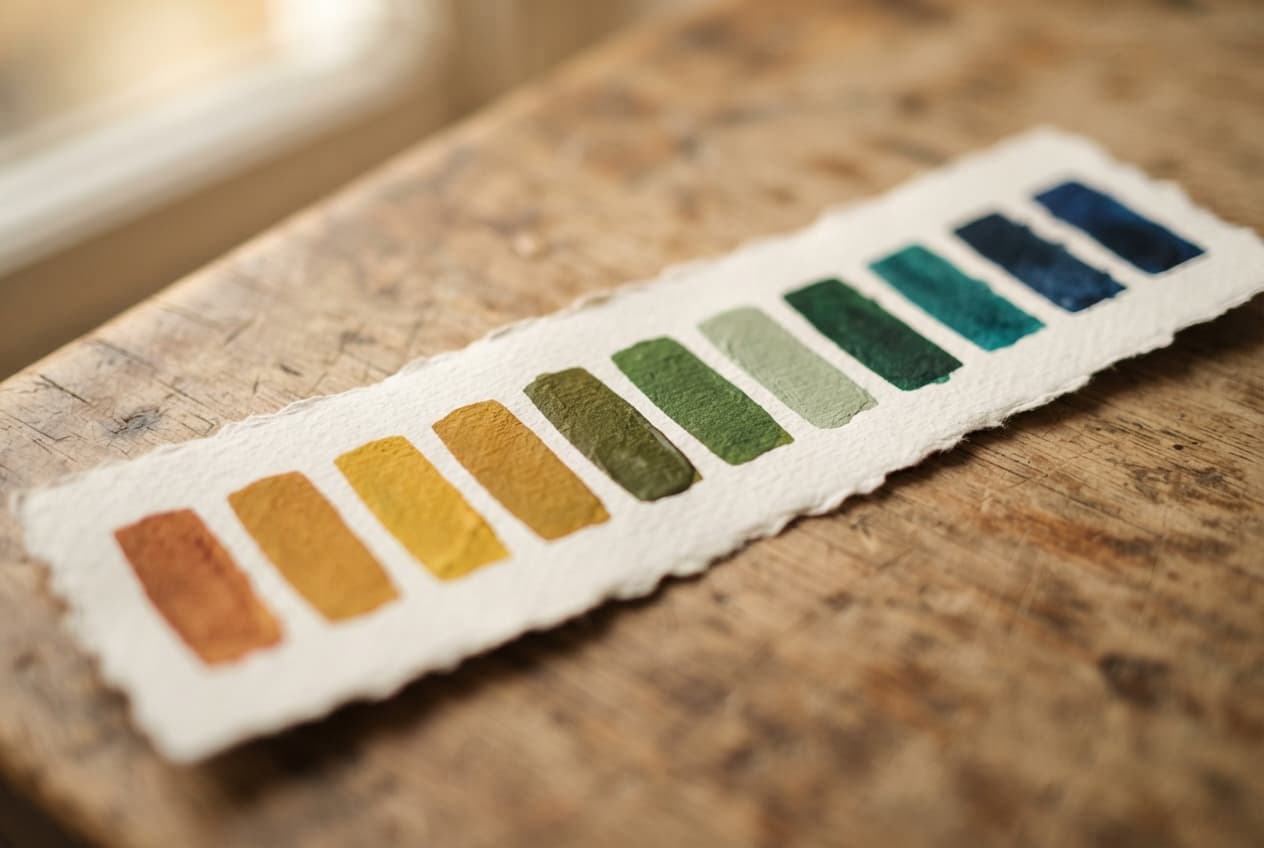 Hand-mixed gouache colour swatches drying on torn cotton paper, running from raw sienna through olive to deep indigo