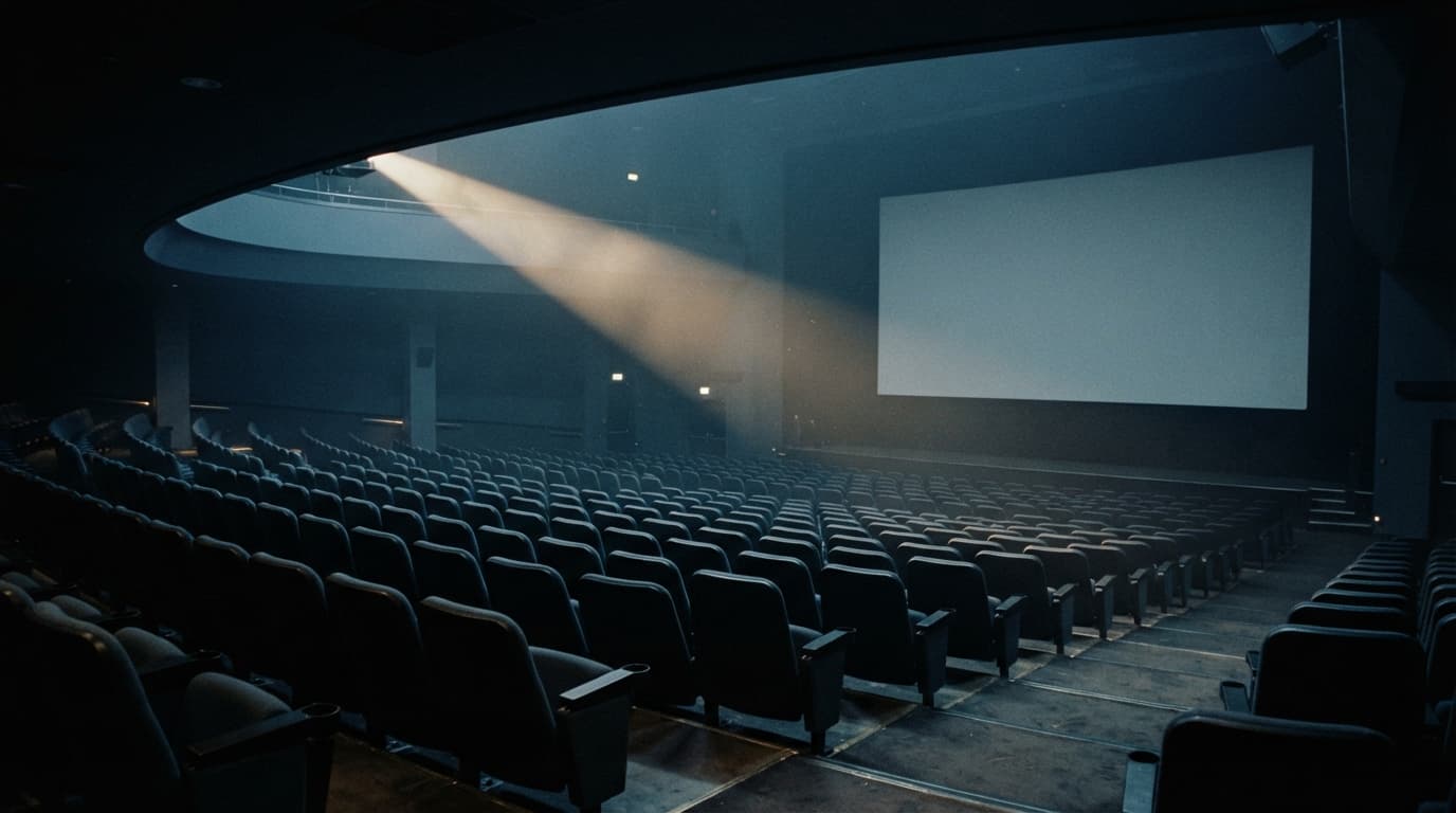 Empty auditorium seen from the back rows with a wide beam of projection light cutting through haze toward a blank pale screen
