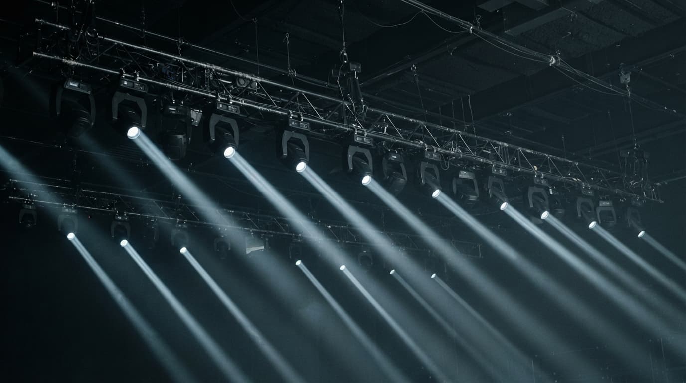 Overhead lighting truss carrying a long row of identical stage fixtures, each aimed at the same angle, beams catching thin haze