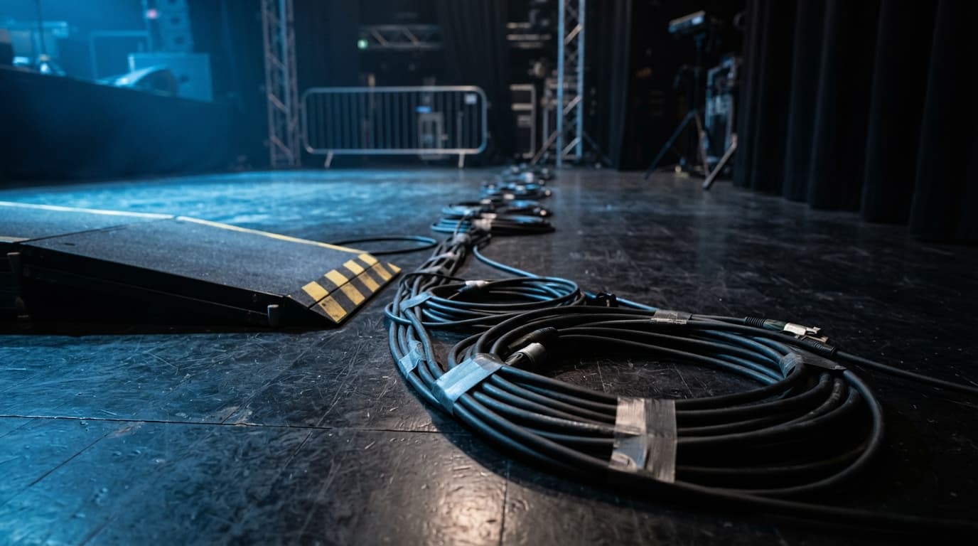 Thick black stage cables coiled and taped down along a dark venue floor beside a folded aluminium cable ramp