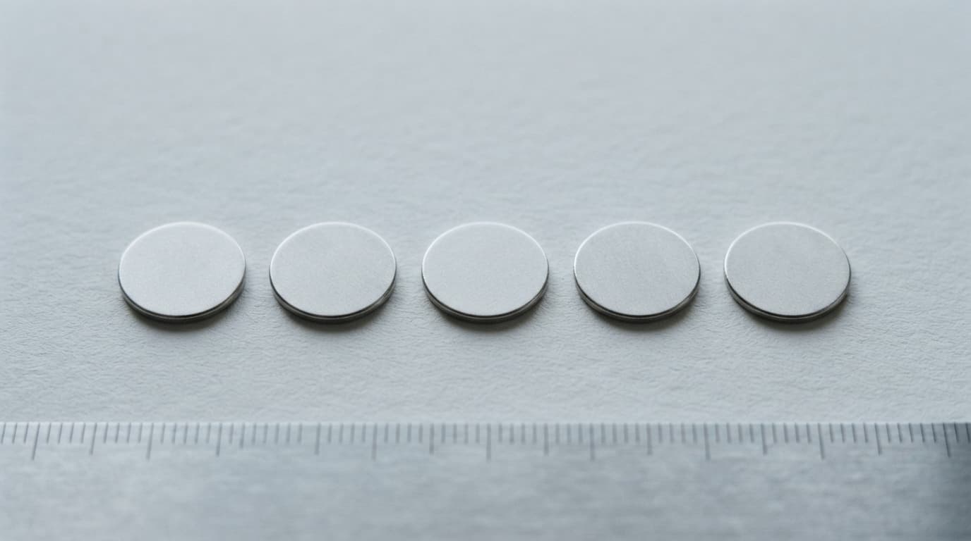 Five identical plain silver discs in a precise row on pale grey paper beside a steel ruler edge