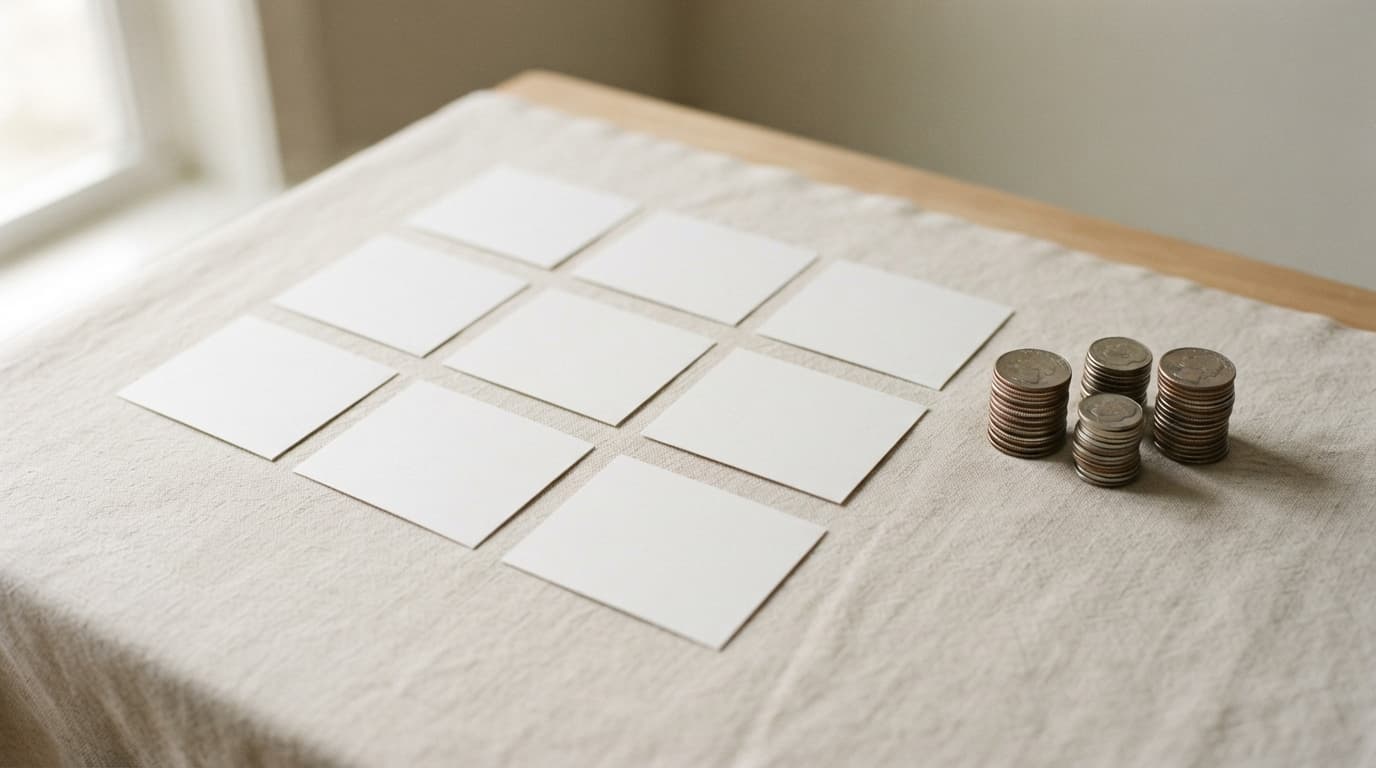 A grid of nine blank white cards laid out on a pale linen desk in window daylight, with four short stacks of coins beside them