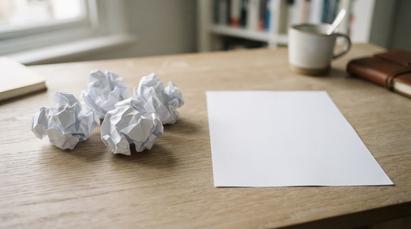 A single clean blank sheet of paper on a pale oak desk next to a loose pile of five crumpled discarded sheets