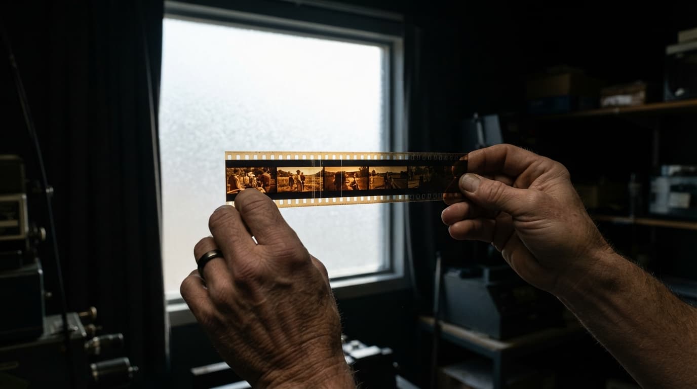 एक projectionist के हाथ फ़िल्म की एक पट्टी को चमकीली धुँधले शीशे वाली खिड़की के सामने उठाए हुए, अलग-अलग frames नन्हीं amber तस्वीरों की तरह पढ़े जाते हुए, emulsion पर धूल और बाल जितनी बारीक एक खरोंच