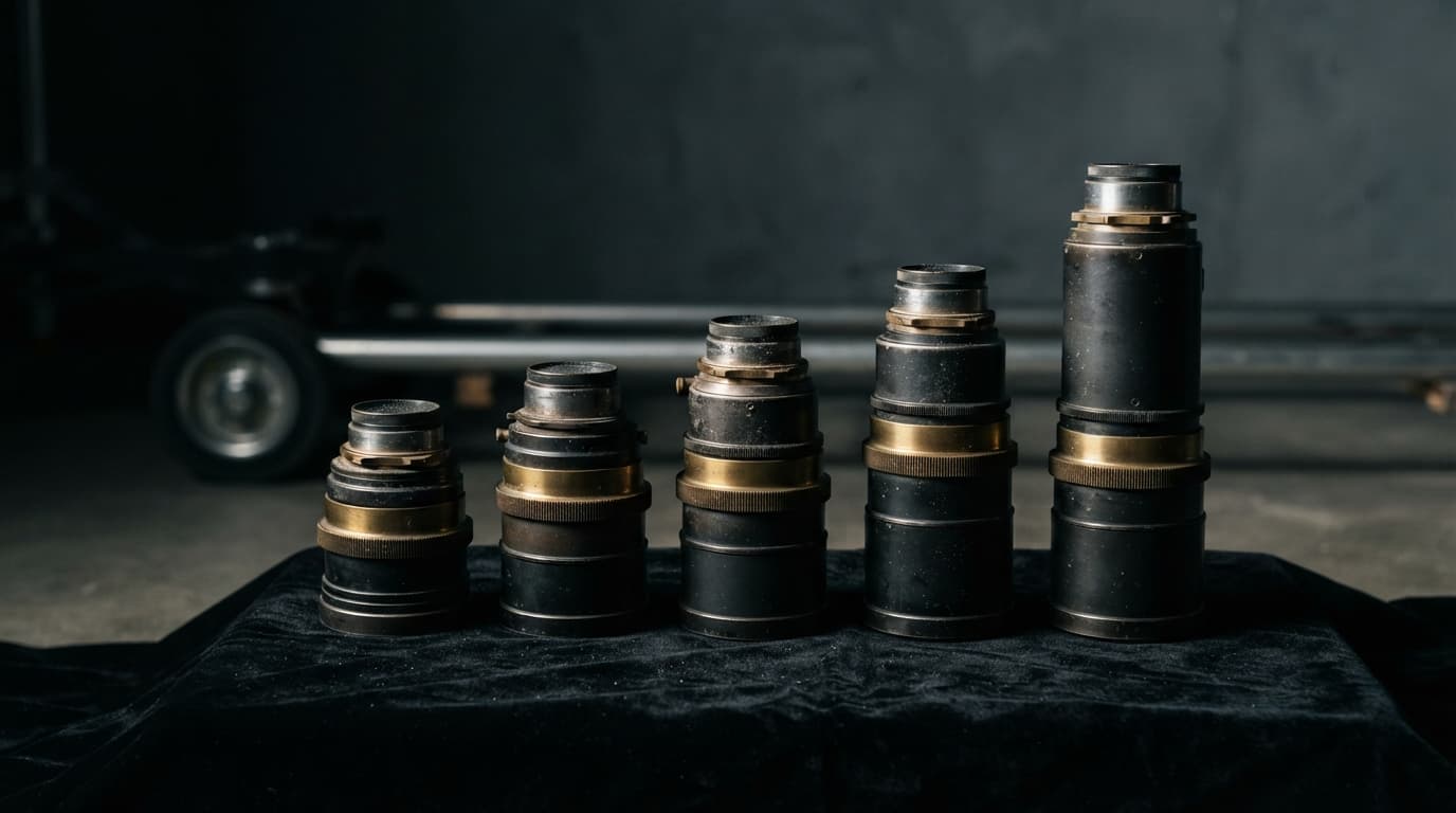 मद्धिम रोशनी वाले rental house में काली मख़मल पर सीधी खड़ी पाँच vintage cinema prime lenses, सबसे छोटी से सबसे लंबी के क्रम में, पीतल के focus rings बाईं ओर से आती एक तीखी side light पकड़ते हुए
