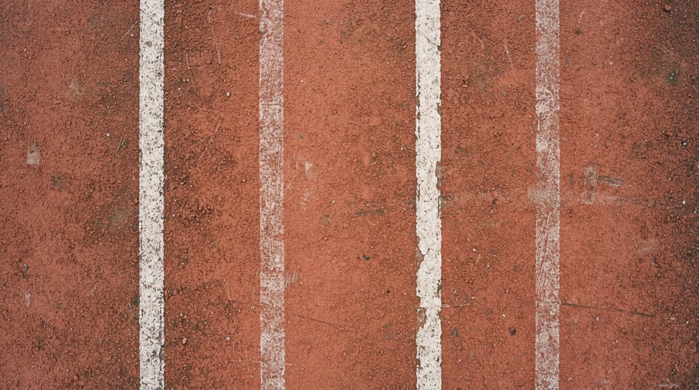 मौसम की मार खाई ट्रैक की सतह पर पुती चार धावकों की lane markings, हर एक की पुताई की उम्र और रंग की गहराई थोड़ी अलग