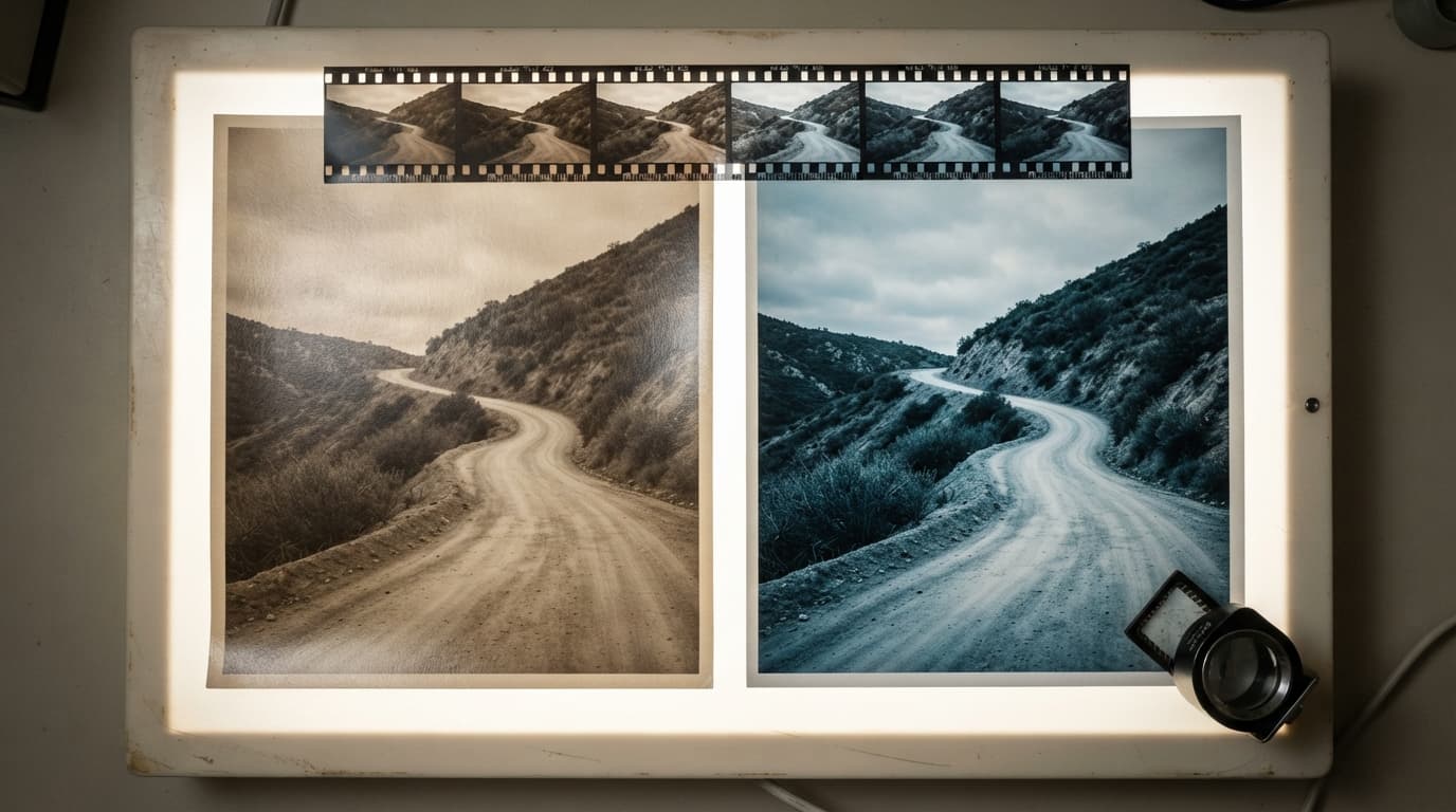 एक ही पहाड़ी सड़क की तस्वीर के दो प्रिंट lightbox पर अगल-बग़ल रखे, बायाँ गर्म और कम contrast वाला जिसमें काले उठे हुए हैं, दायाँ ठंडा और तीखे contrast वाला जिसमें काले गहरे हैं