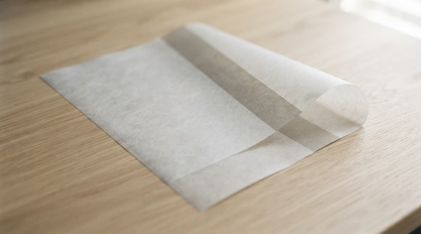 Two overlapping sheets of translucent vellum on pale oak, the upper one lifted at a corner to reveal the sheet beneath
