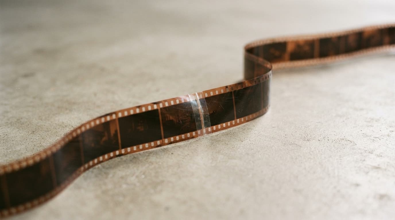 A long strip of 35mm motion picture film curving across a pale concrete surface, with a single splice visible where two strips are joined