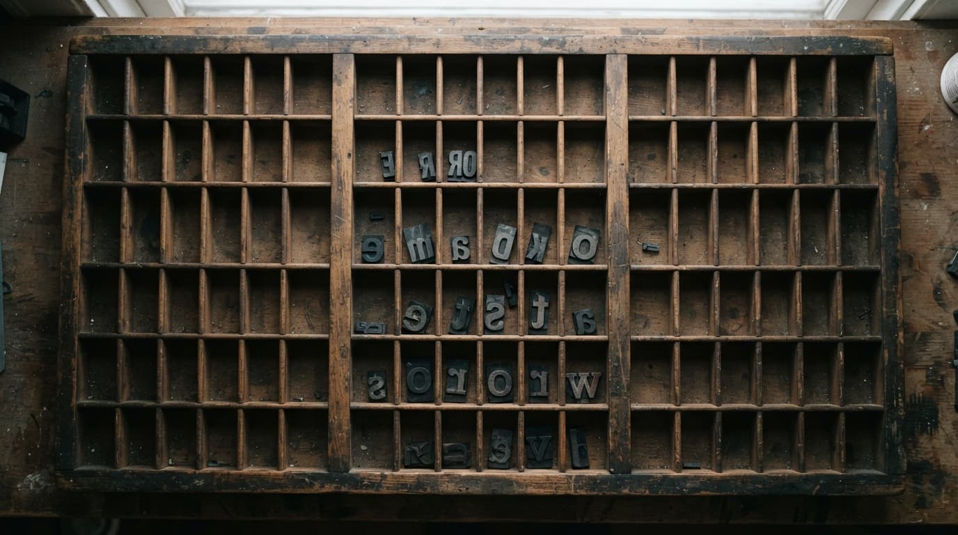 A wooden printer's type case seen from above, its compartments holding a few pieces of metal type, most cells empty