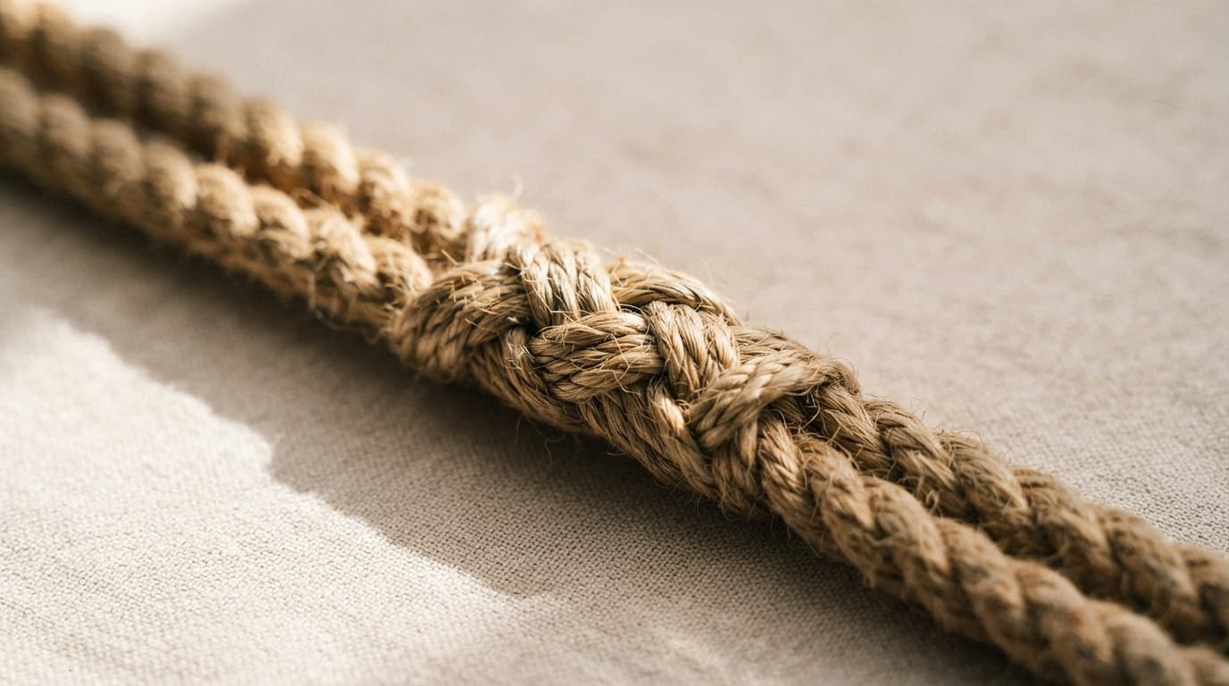 Two lengths of rope joined by a tight splice on a pale surface, the woven overlap catching side light