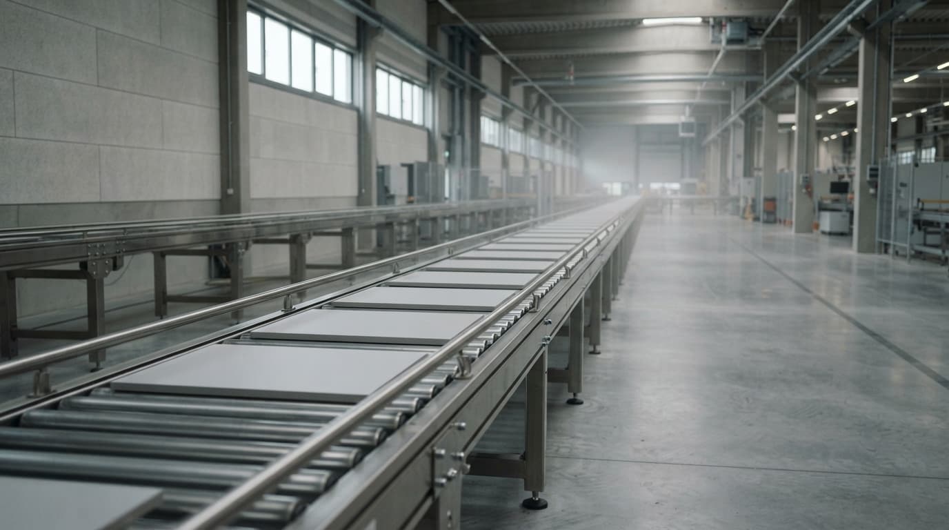 Одинаковые пустые панели ровно движутся по ленте конвейера из нержавеющей стали на чистом современном производстве