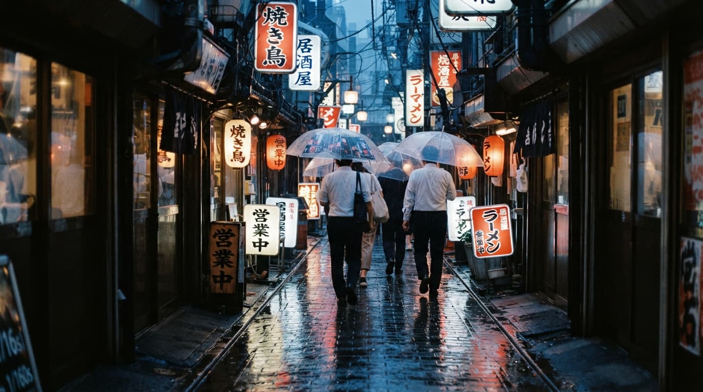 비에 젖은 아스팔트 반사가 돋보이는 블루아워 도쿄 골목길의 35mm 아날로그 필름 스트리트 사진