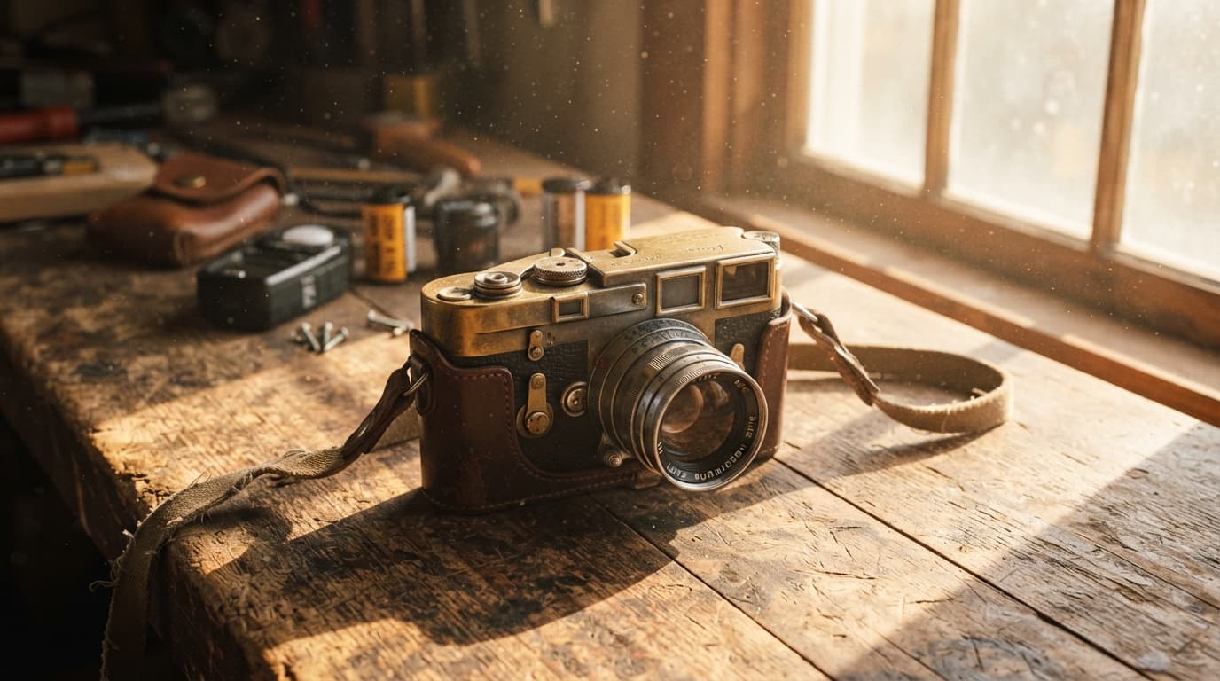 황금빛 오후 창가 햇살이 비치는 낡은 삼나무 작업대 위의 빈티지 35mm 레인지파인더 카메라