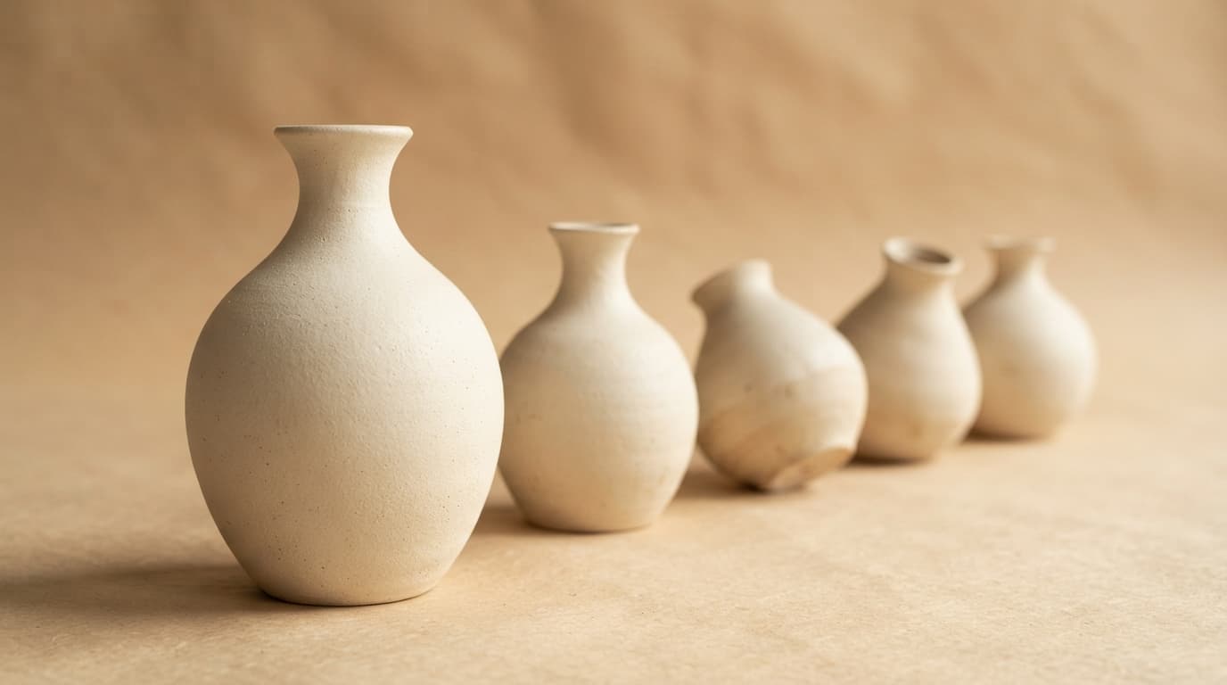 One large pale ceramic vase in sharp focus with four smaller vases of the same form receding behind it, each turned to a slightly different angle
