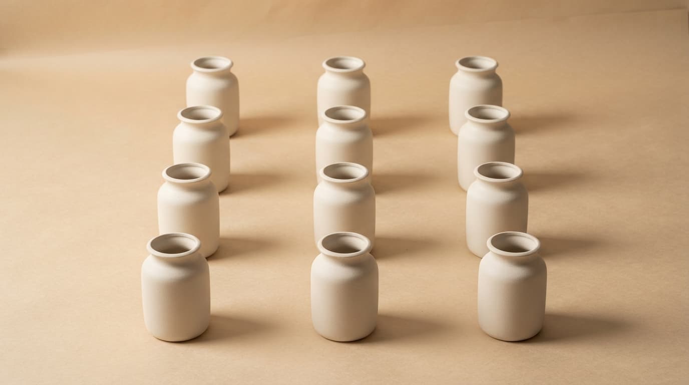 Twelve identical matte ceramic vases arranged in a four by three grid on a warm sand backdrop, each lit the same way and casting the same shadow