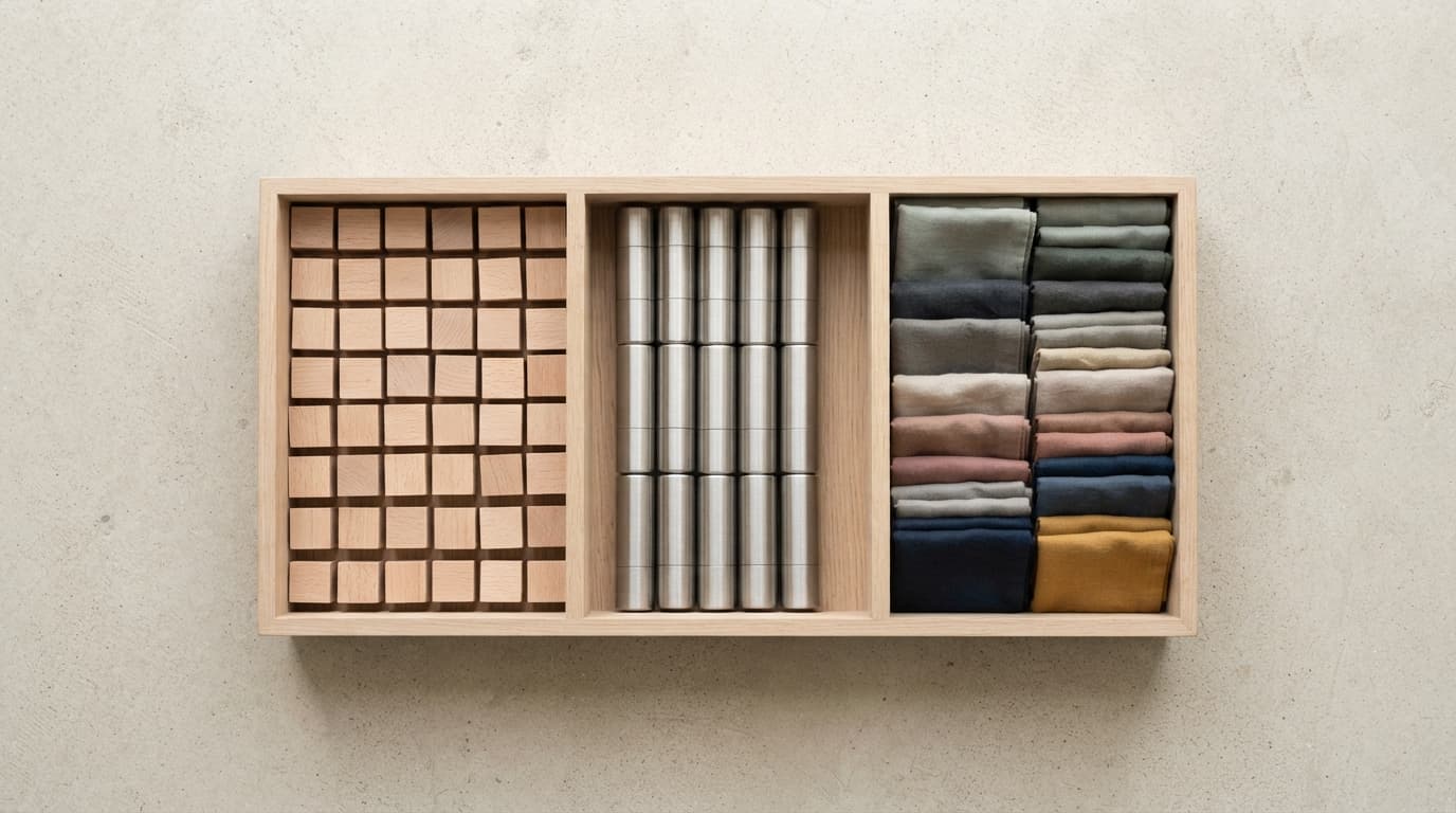 An overhead view of a sorting tray with three compartments, one holding identical wooden blocks, one identical metal cylinders, one folded fabric colour swatches