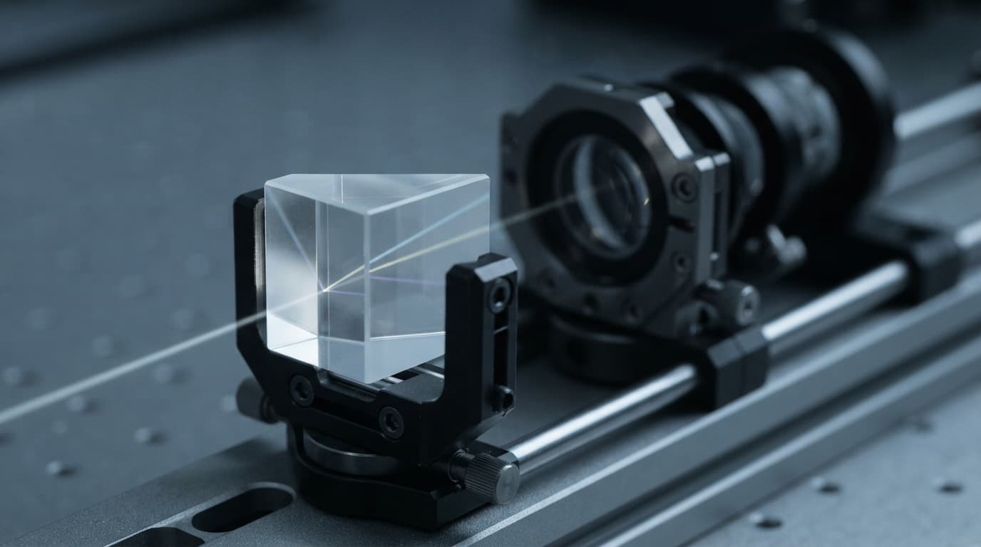 A clear glass prism on a matte grey optical bench splitting a narrow beam of cool white light into faint separated paths, with unlit auxiliary lens elements waiting in a mount behind it