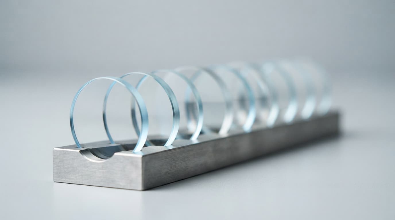 A row of precision optical lens elements standing upright in a brushed steel holder on a laboratory bench, each glass disc catching a cool blue-white edge highlight