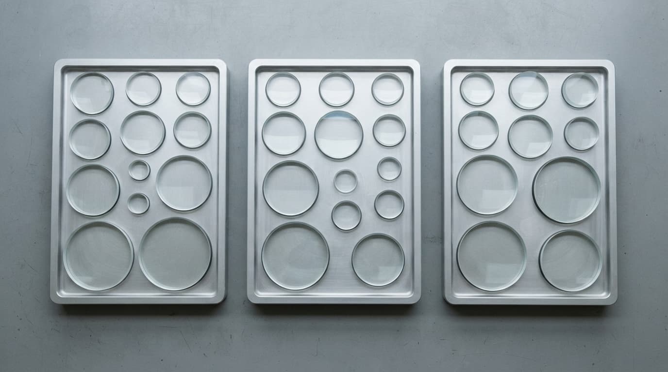 Three separate machined aluminium trays on a cool grey laboratory surface, each holding a different group of clear circular optical flats varying in diameter and thickness