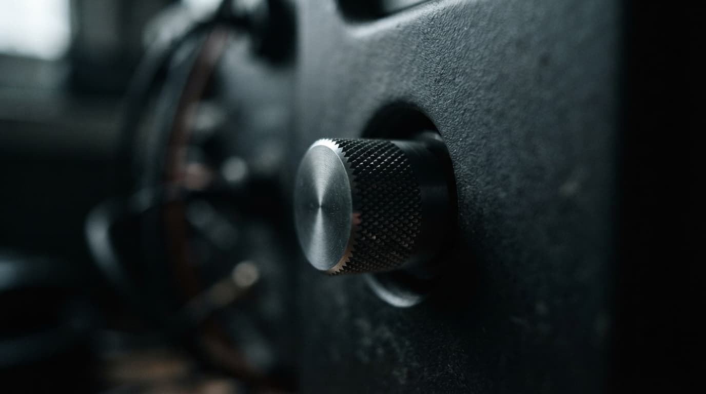 Extreme macro of a single knurled steel adjustment knob set into a matte charcoal instrument housing, one narrow cool highlight along the machined grooves