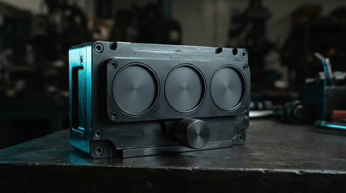 A machinist's precision instrument housing in dark anodised steel with blank unmarked dial faces and a knurled adjustment knob, lit by a cool cyan rim light against charcoal