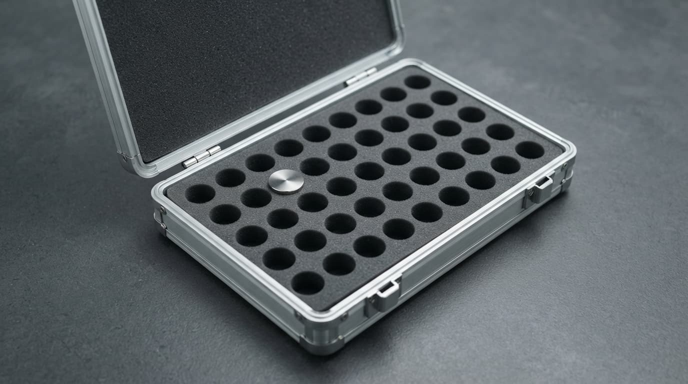 An open machined aluminium specimen case lined with dark grey foam cut-outs, one holding a polished steel disc while the neighbouring cut-outs sit empty