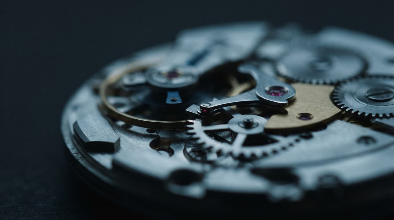 A polished steel escapement wheel and pallet fork inside an open precision instrument, extreme shallow depth of field, cool blue-grey light on charcoal