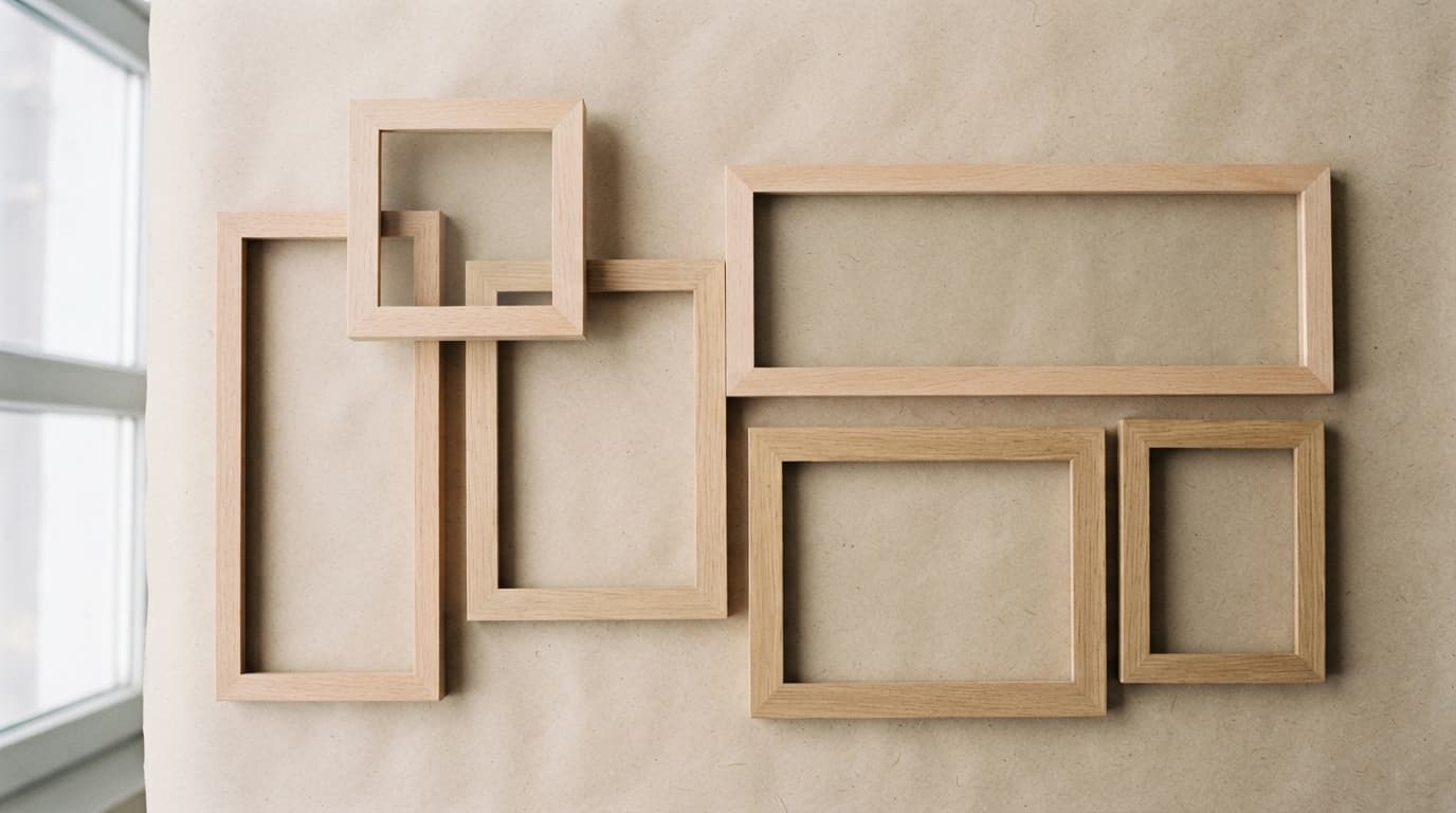 Six empty wooden viewfinder mats and picture frames in different proportions arranged overlapping on a warm oatmeal paper backdrop