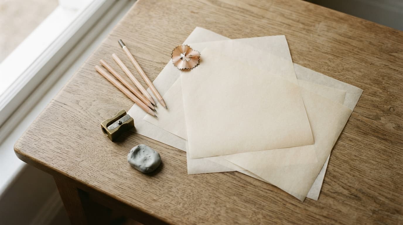 A row of sharpened graphite pencils, a kneaded eraser and three overlapping sheets of blank cream tracing paper on a draughtsman's desk in soft window light