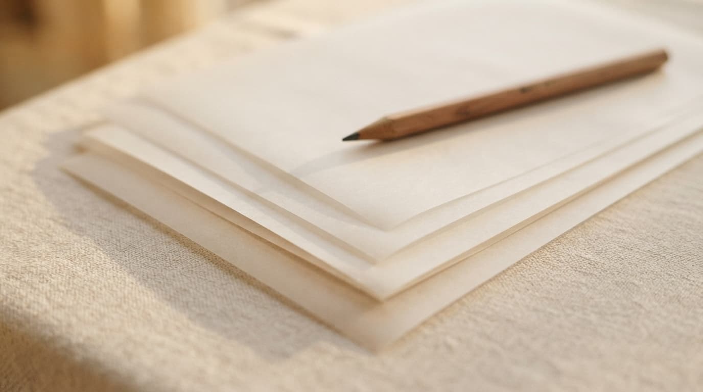 Four sheets of blank translucent tracing paper stacked with slight offsets on pale linen, a single wooden pencil resting across the top sheet