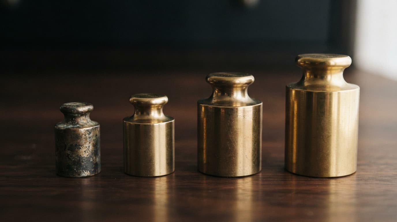 Four brass laboratory weights of increasing size on a dark walnut surface, the smallest one tarnished while the others are polished