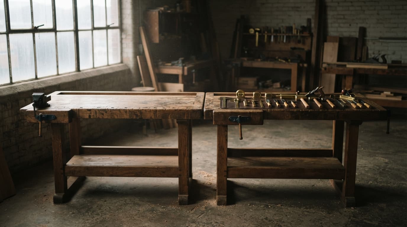 Two identical wooden workbenches in a dim workshop, the left one cleared and empty, the right one holding neatly arranged brass tools