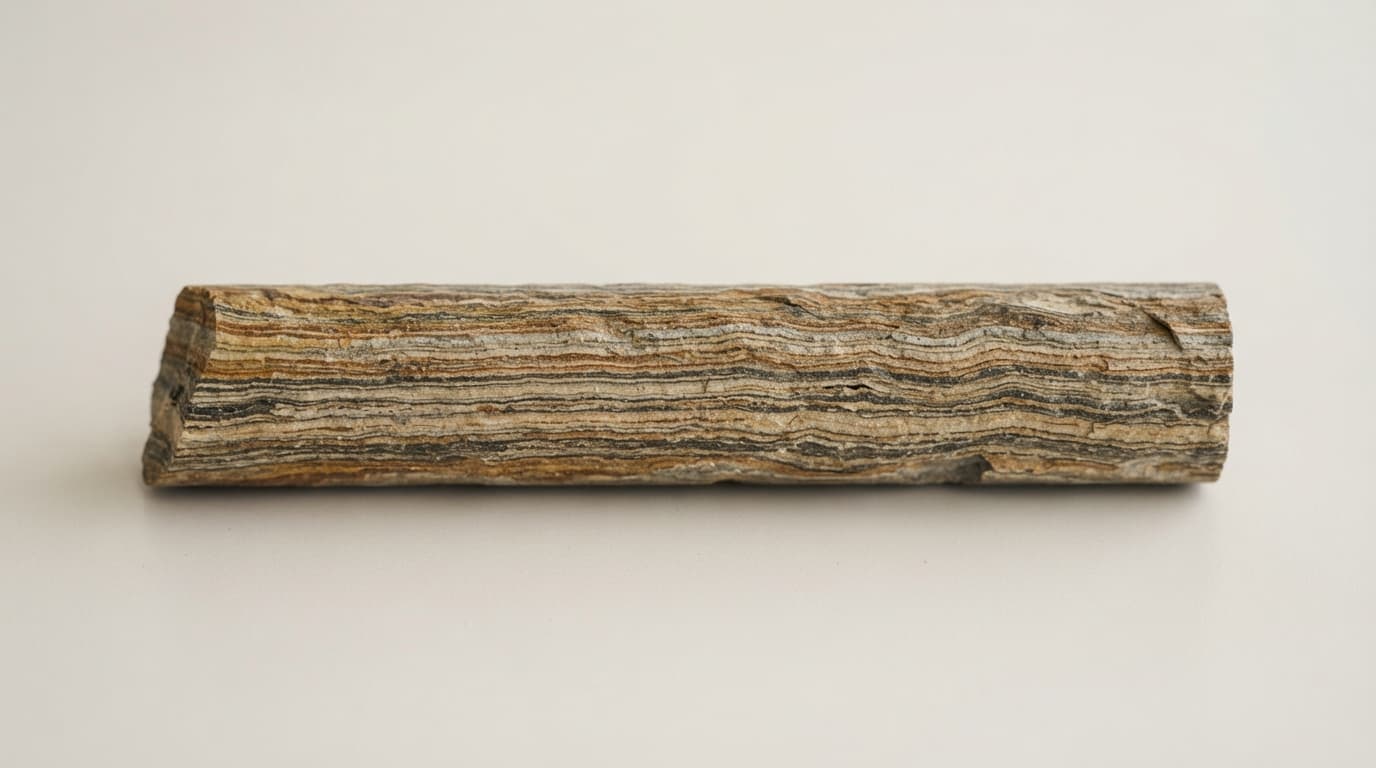 Sedimentary rock core sample lying horizontally on a pale surface, banded mineral layers in ochre, grey and rust running along its length