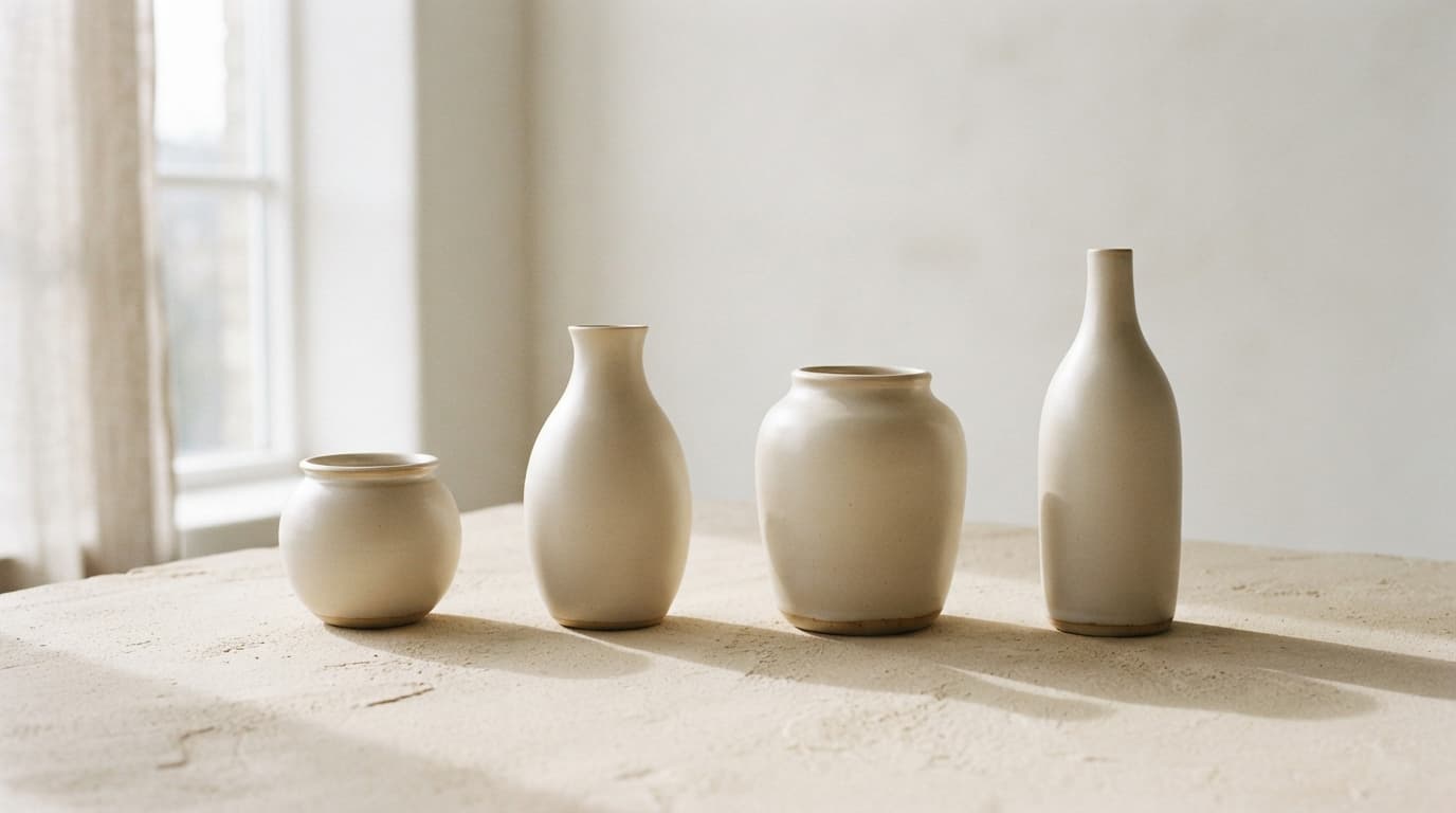 Four smooth matte ceramic vessels in a left-to-right row on a pale sand surface, each a slightly different refined silhouette than the one before