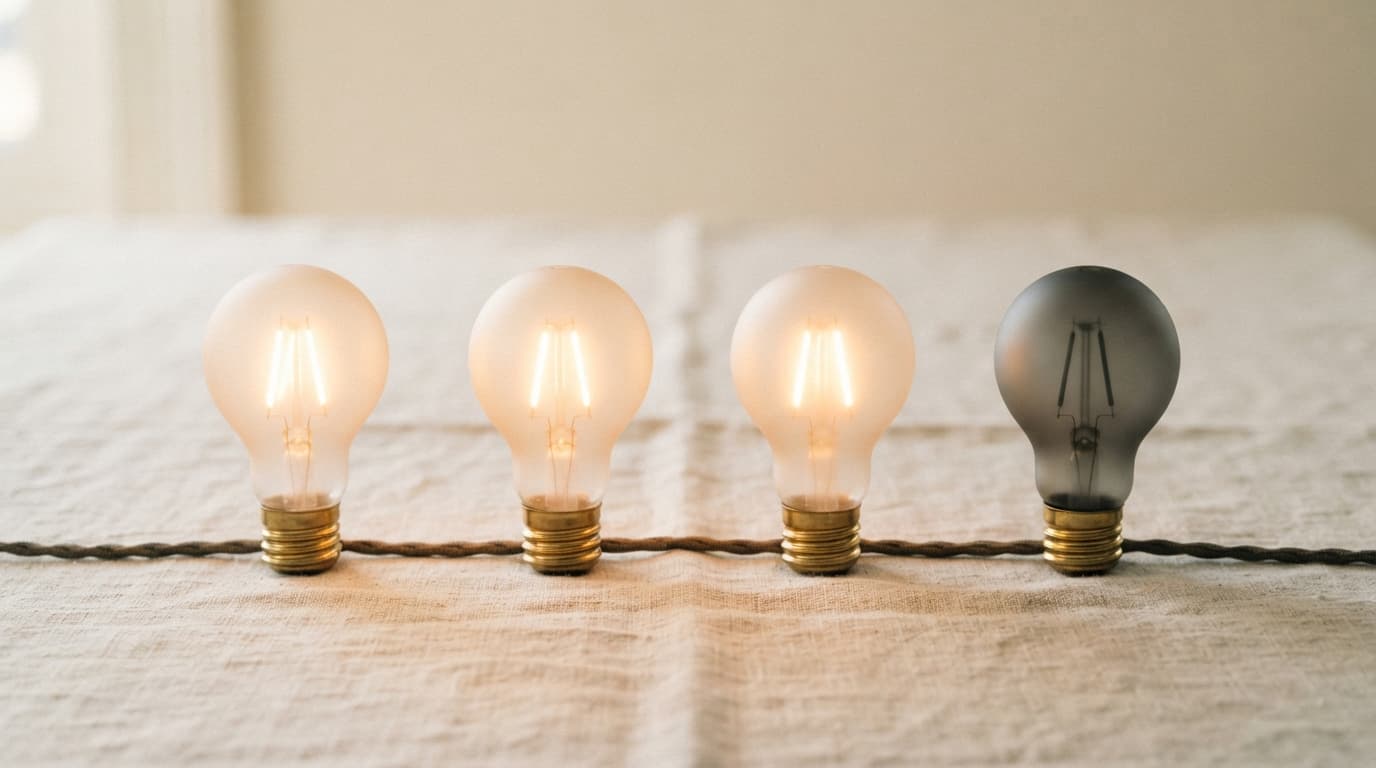 Three frosted glass bulbs glowing warm on a pale linen surface, with a fourth identical bulb at the end of the row dark and unlit