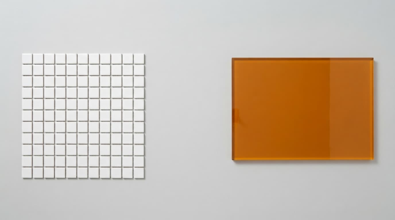 Una cuadrícula densa de muchas baldosas pequeñas de cerámica blanca junto a un único panel grande de acrílico ámbar sobre una superficie gris claro