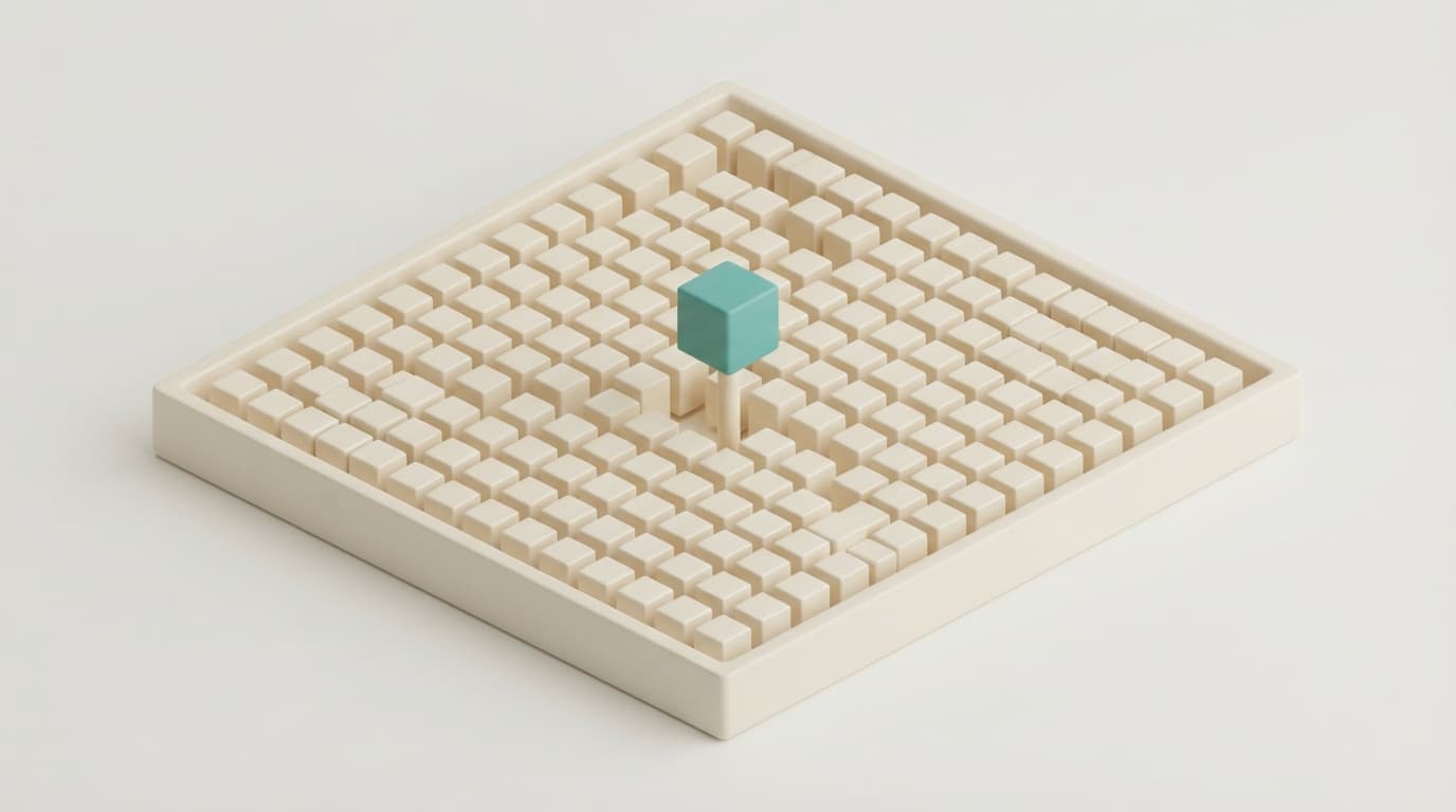 Isometric render of a shallow cream tray of identical blocks with one teal block raised on a slim pedestal