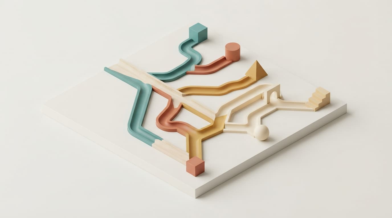 Isometric model of teal, terracotta, ochre and cream channels winding across a pale board, each track ending in a differently shaped block