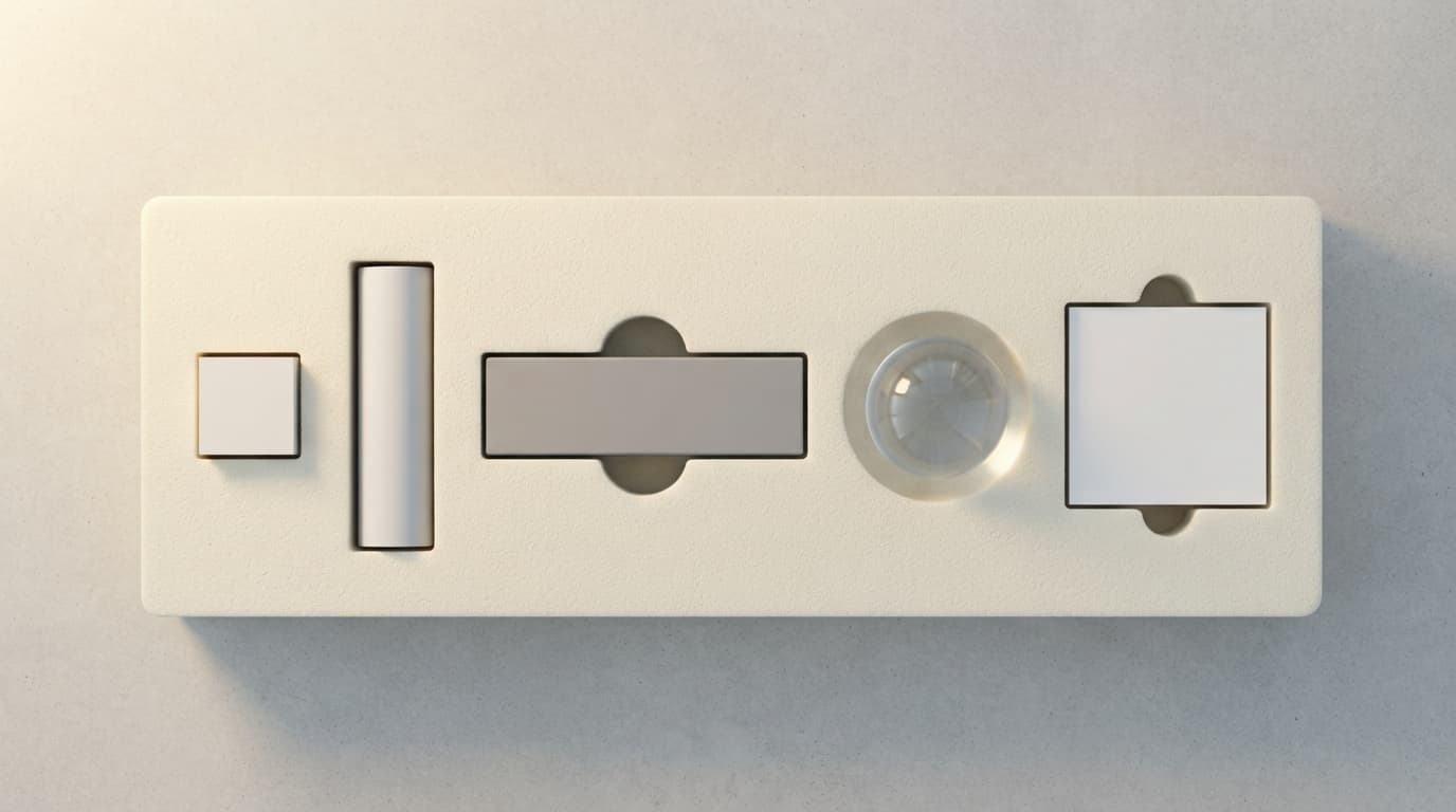 Overhead render of five differently shaped objects — a small square, a tall column, a wide bar, a glass dome and a flat panel — each seated in its own recessed slot in a cream tray