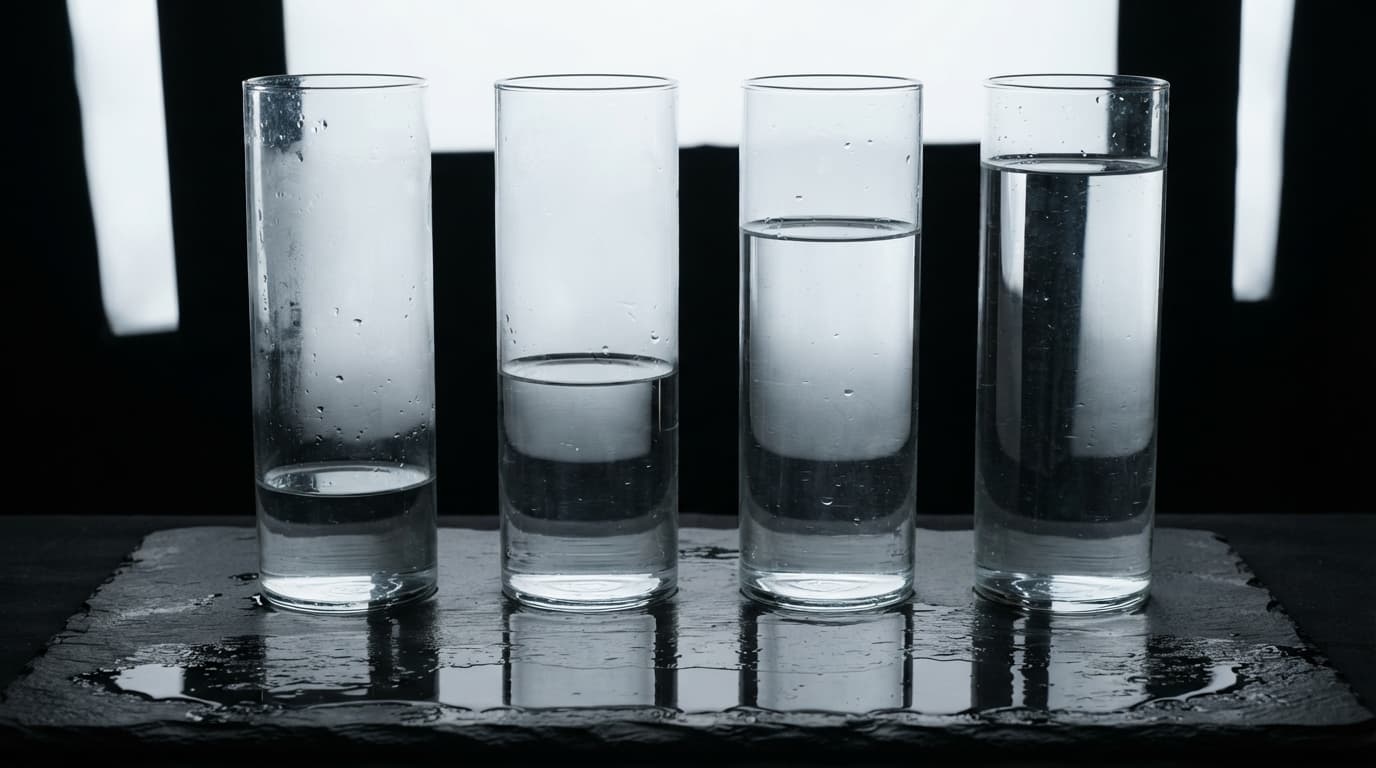 स्लेट की पटिया पर एक क़तार में खड़े चार लंबे काँच के सिलेंडर, साफ़ पानी से चार बढ़ते स्तरों तक भरे हुए, पीछे से रोशन ताकि हर जल-रेखा काँच के आर-पार तीखी पढ़ी जाए — ये स्तर केवल दृष्टांत हैं और क़ीमत के गुणकों से मेल नहीं खाते